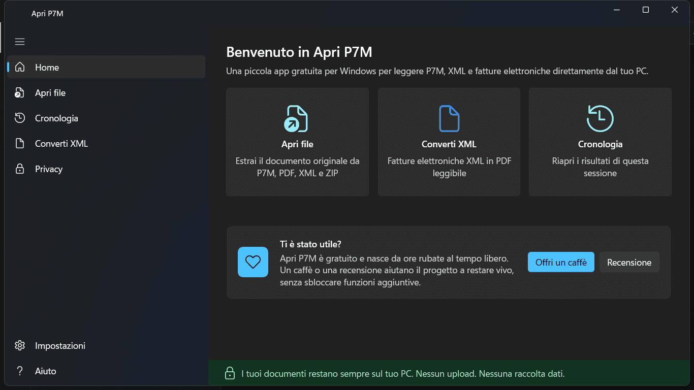 Schermata di Apri P7M con area per trascinare un file .p7m, .xml o .zip